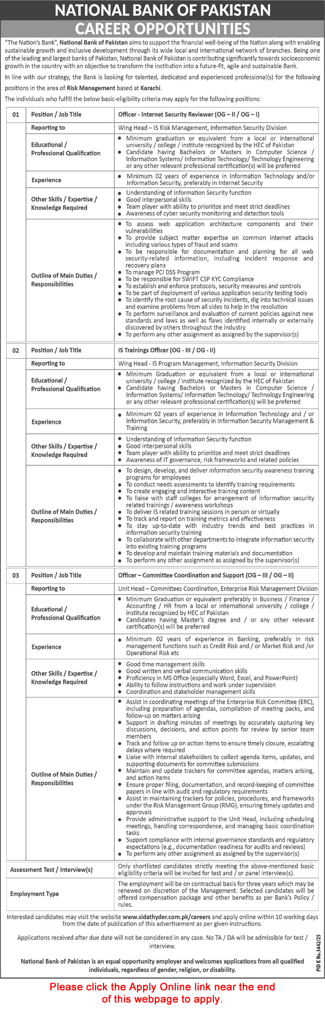 National Bank of Pakistan Jobs May 2026 Apply Online IS Trainings Officer & Others NBP Latest