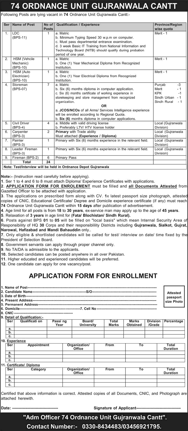 74 Ordnance Unit Gujranwala Cantt Jobs 2026 May Fireman, Drivers & Others Pakistan Army Latest