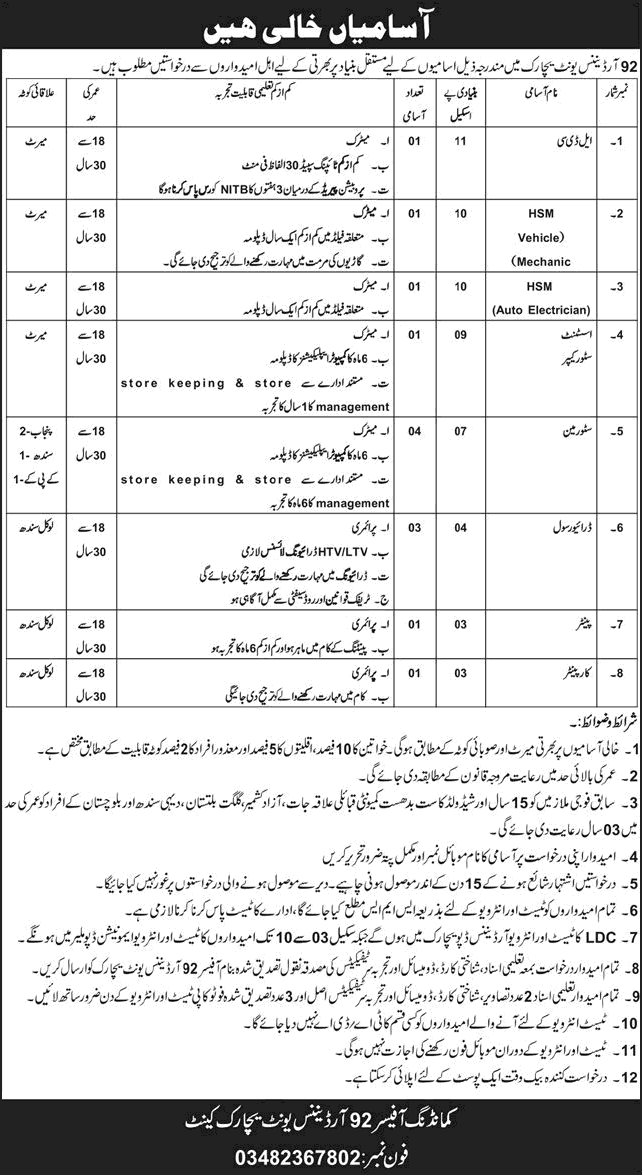 92 Ordnance Unit Sindh Jobs 2026 May Storeman, Drivers & Others Pakistan Army Latest