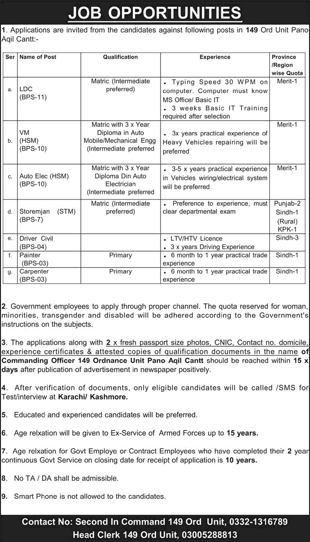 149 Ordnance Unit Pano Aqil Cantt Jobs 2026 May Storeman, Drivers & Others Latest