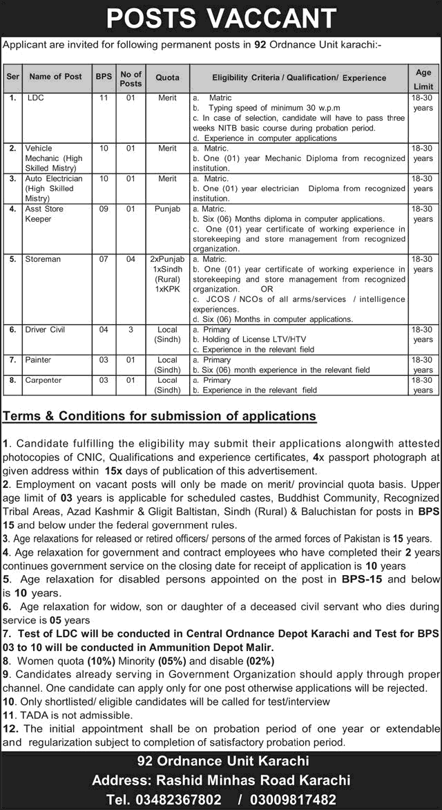 92 Ordnance Unit Karachi Jobs May 2026 Drivers, Storeman & Others Pakistan Army Latest