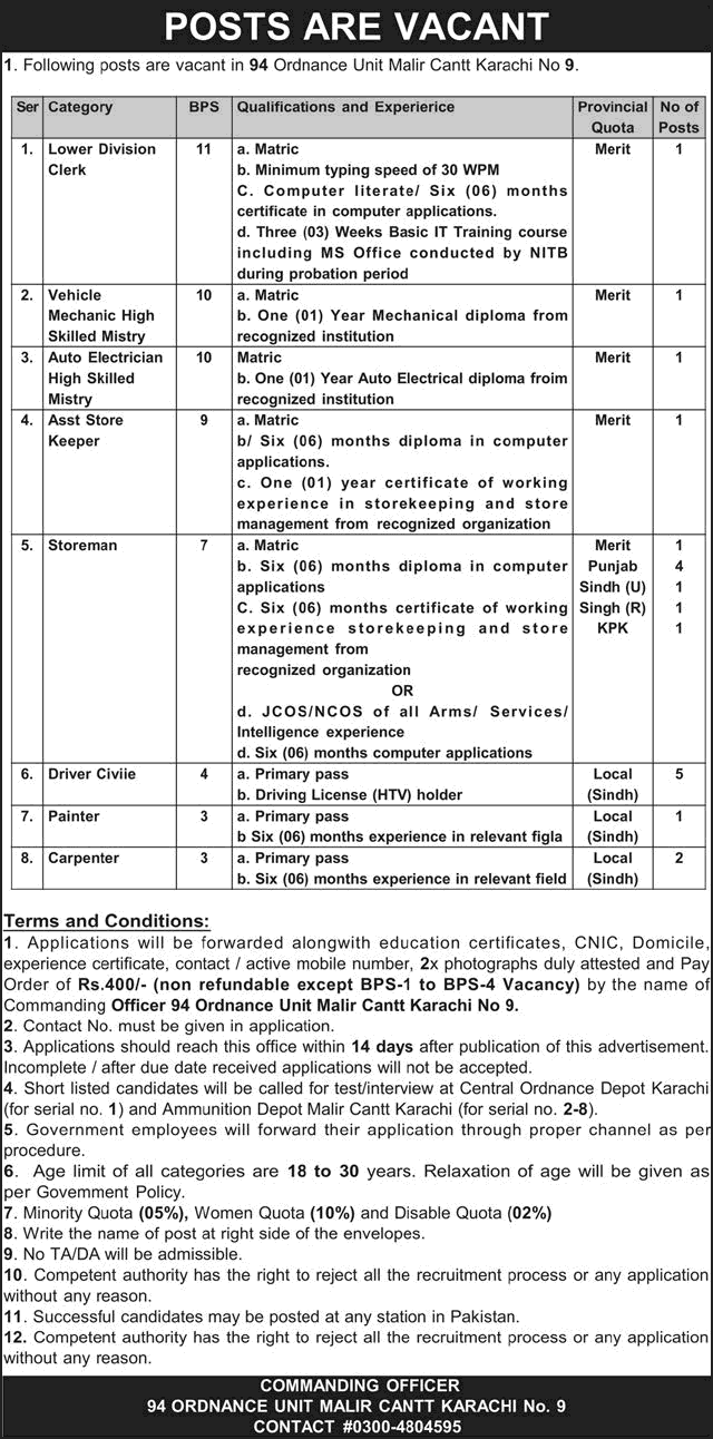 94 Ordnance Unit Malir Cantt Karachi Jobs 2026 May Pakistan Army Storeman, Drivers & Others Latest