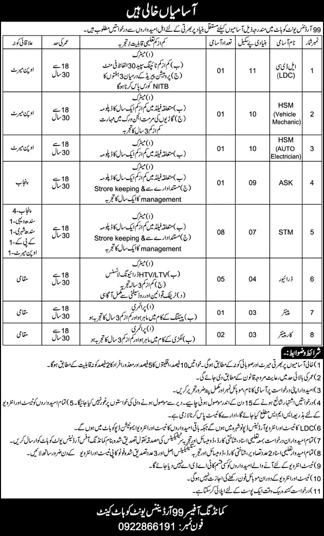 99 Ordnance Unit Kohat Jobs 2026 May Drivers, Storeman & Others Pakistan Army Latest