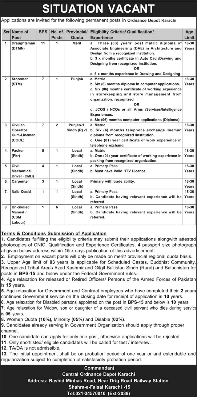 Central Ordnance Depot Karachi Jobs 2026 May USM Labours & Others COD Latest