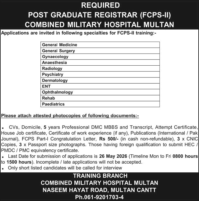 CMH Multan FCPS-II Postgraduate Training 2026 May Registrars Combined Military Hospital Latest