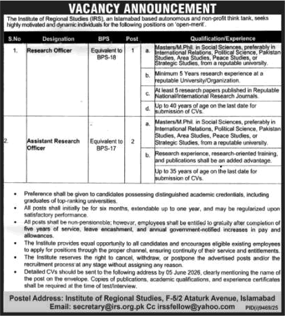 Research Officer Jobs in Institute of Regional Studies Islamabad May 2026 Latest