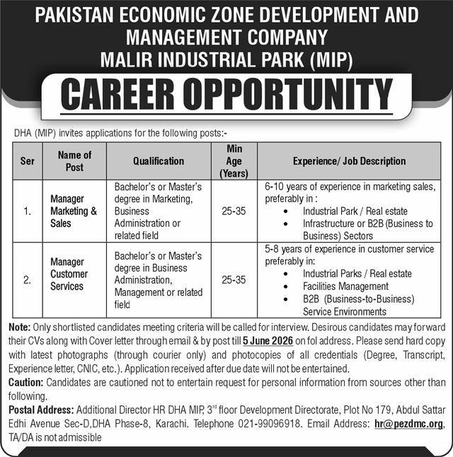 Pakistan Economic Zone Development and Management Company Jobs 2026 May DHA MIP PEZDMC Latest