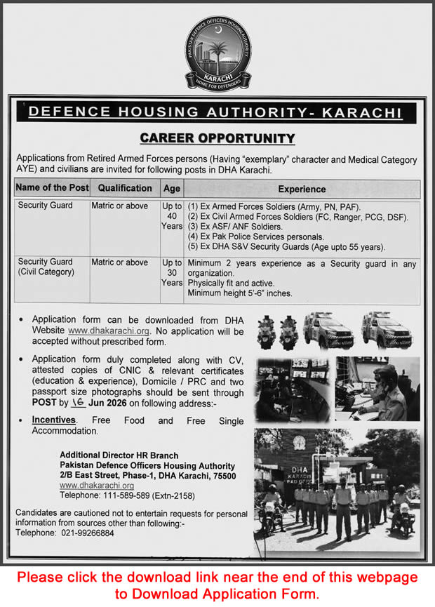 Security Guard Jobs in DHA Karachi June 2026 Application Form Ex / Retired Army Personnel Latest