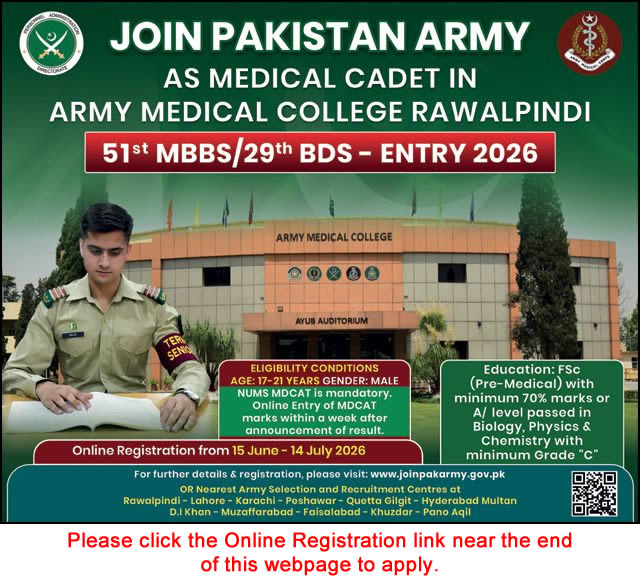 Join Pakistan Army as Medical Cadet 2026 June Online Registration Through 51st MBBS / 29th BDS Course Latest