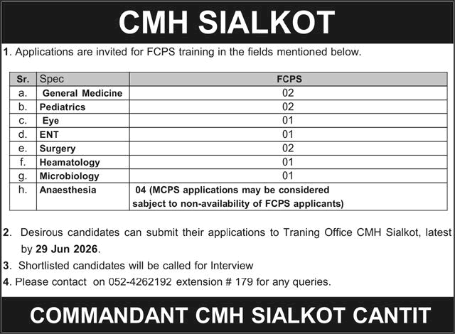 CMH Sialkot FCPS Postgraduate Training 2026 June Combined Military Hospital Latest