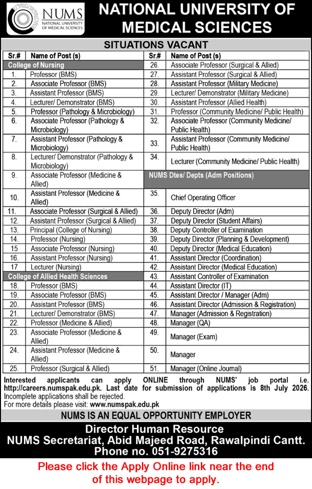NUMS University Rawalpindi Jobs June 2026 Apply Online Teaching Faculty & Others Latest