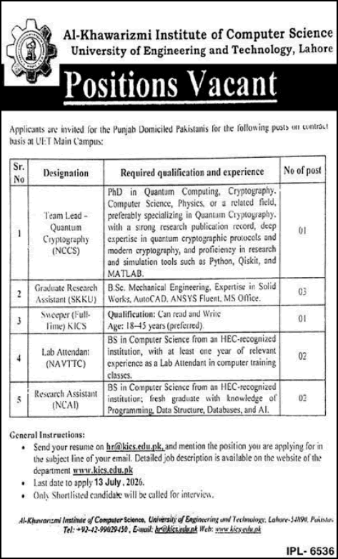 KICS UET Jobs 2026 June / July Research Assistants, Lab Attendants & Others Al Khawarizmi Institute of Computer Science Latest