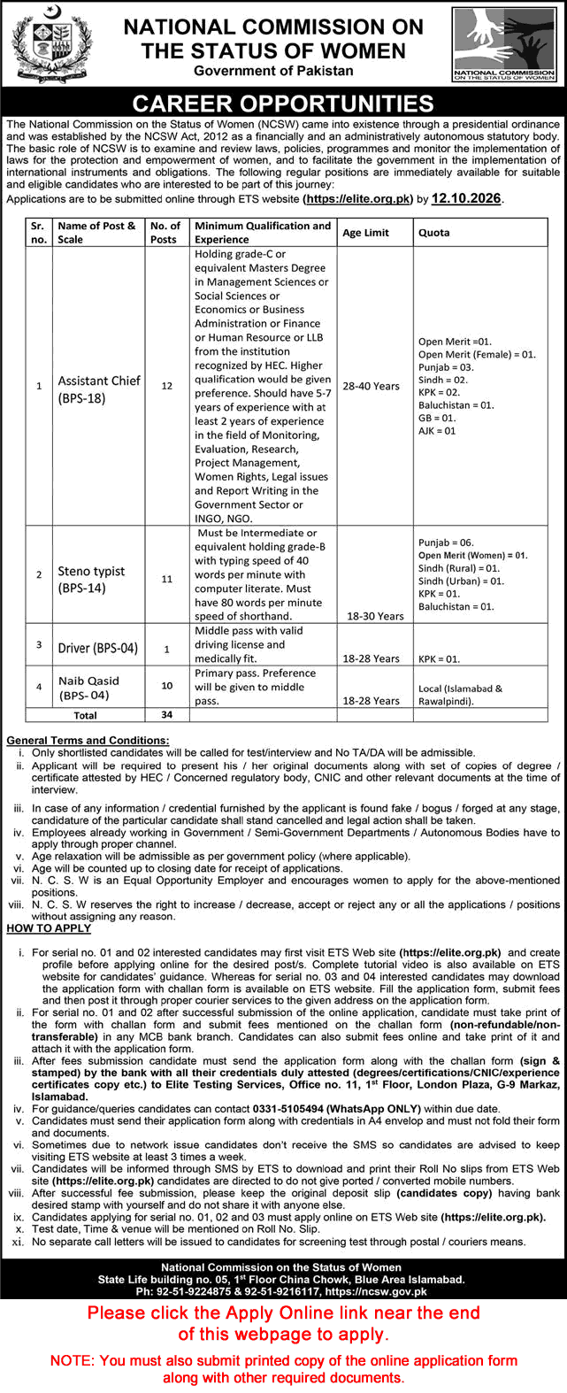 National Commission on the Status of Women Islamabad Jobs 2026 September / October ETS Apply Online NCSW Latest