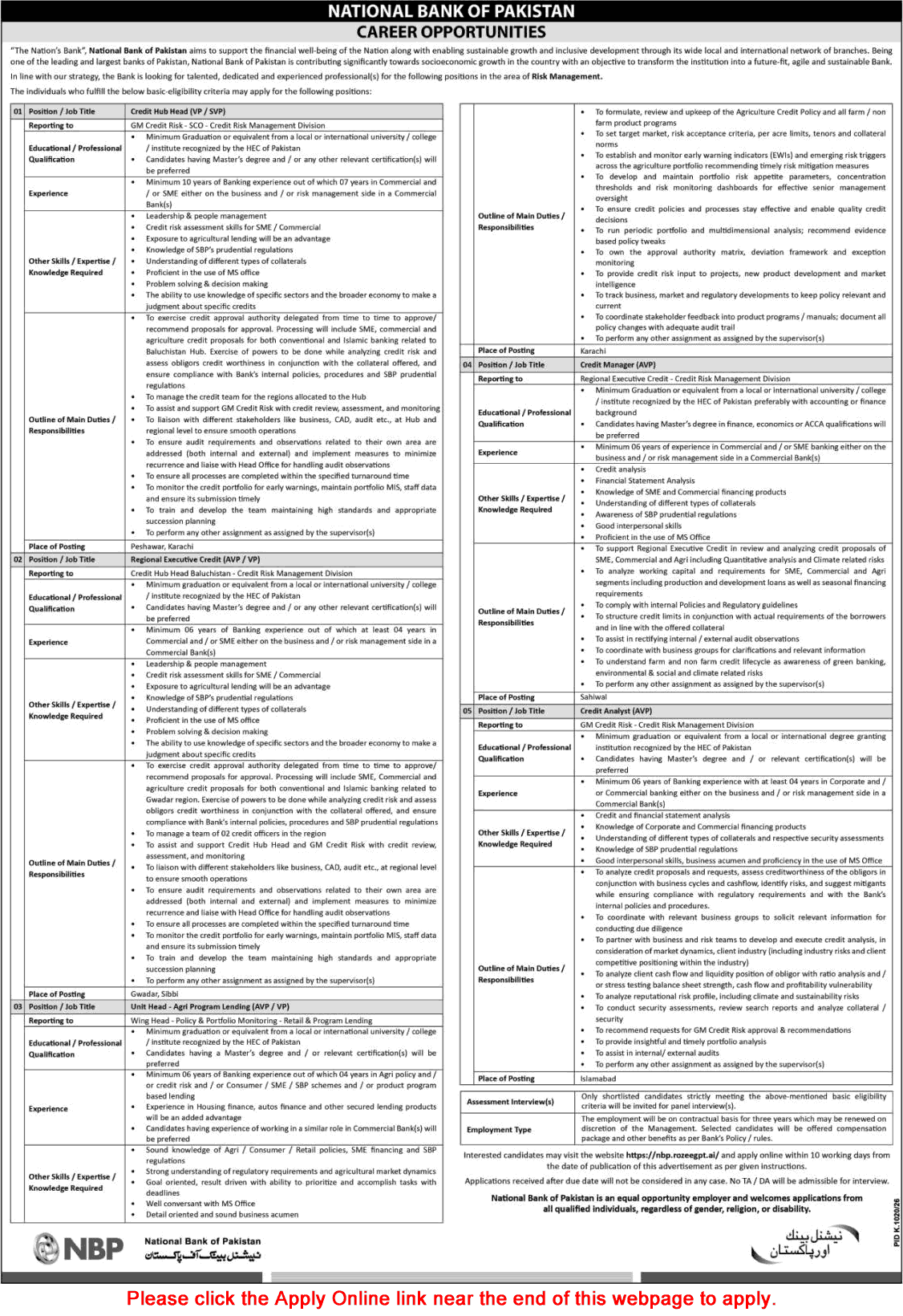 National Bank of Pakistan Jobs September 2026 October Apply Online Credit Manager / Analyst & Others NBP Latest