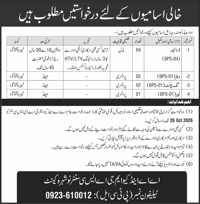 ASC Centre Nowshera Cantt Jobs October 2026 Drivers, Waiters, Cooks & Labour Latest
