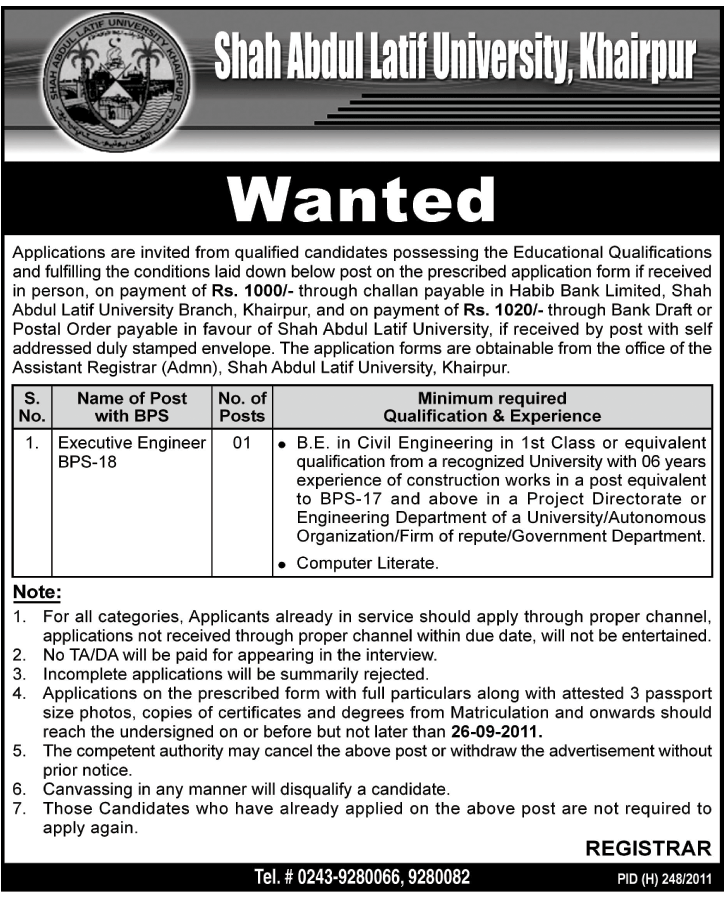 Job in Shah Abdul Latif University, Khairpur