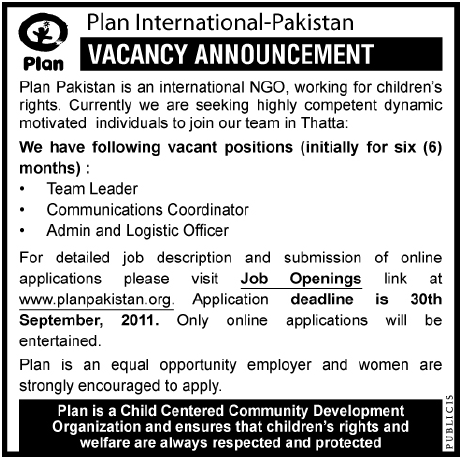 Vacancies Announcement by Plan International-Pakistan