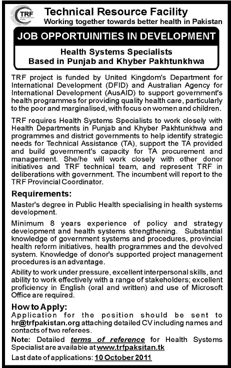 Health Systems Specialists Required by TRF