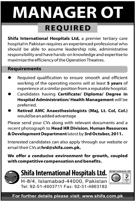 Manager OT Required by Shifa International Hospitals Ltd