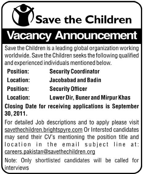 Security Coordinator & Security Officer Required by Save the Children