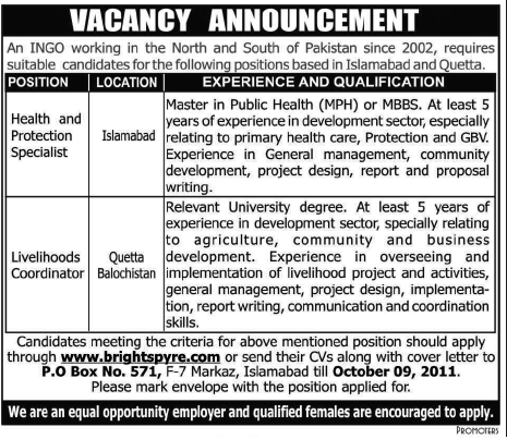 An INGO Working in the North and South of Pakistan Required Staff