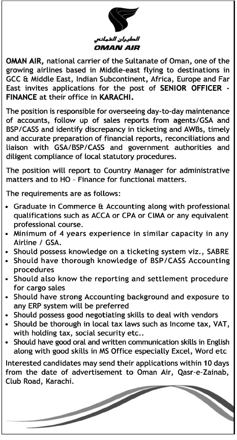 OMAN AIR Required the Services of Senior Officer Finance