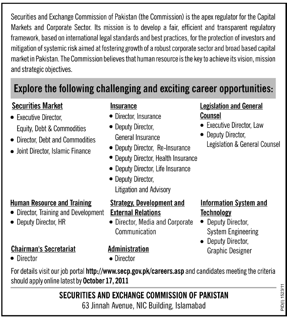 Securities and Exchange Commision of Pakistan Career Opportunities