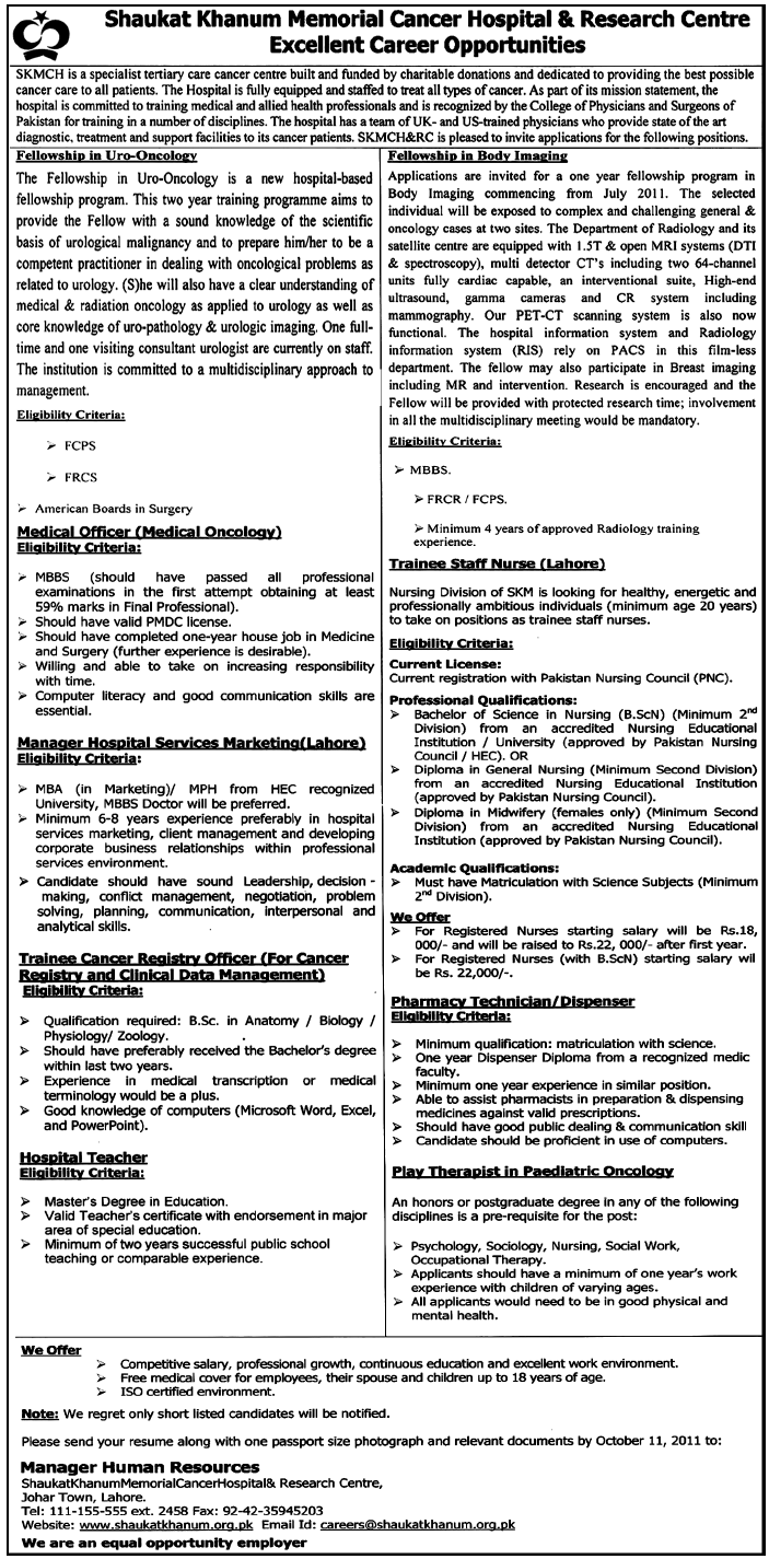 Shaukat Khanum Memorial Cancer Hospital & Research Centre Career Opportunities