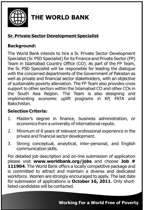 The World Bank Required the Services of Sr. Private Sector Development Specialist
