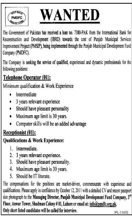 PMDFC Required Telephone Operator and Receptionist