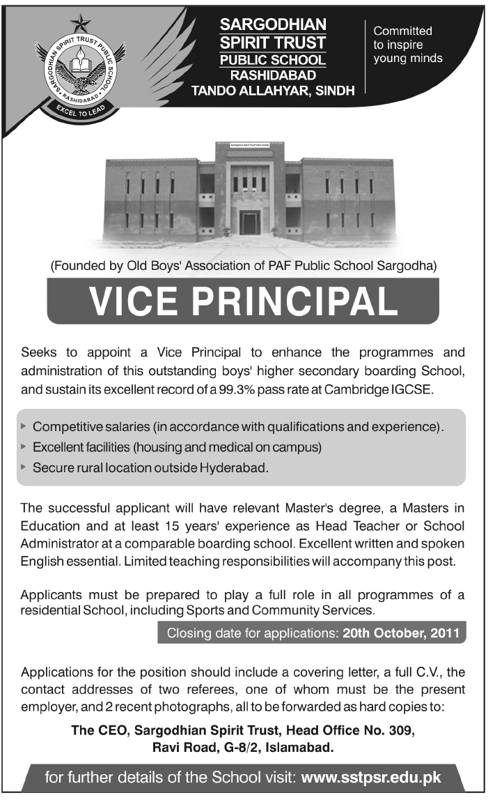Sargodhian Spirit Trust Public School Required the Services of Vice Principal