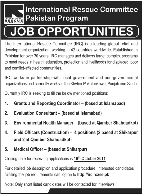 International Rescue Committee Pakistan Programme Job Opportunities