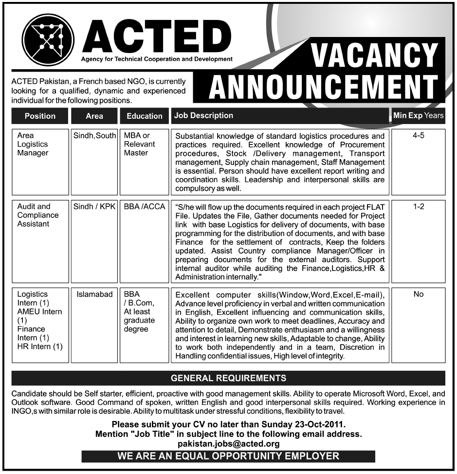 ACTED Pakistan Required Staff