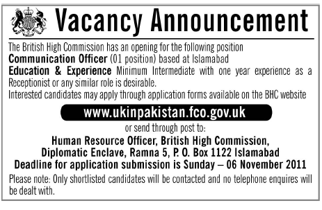 Communication Officer Required by The British High Commission