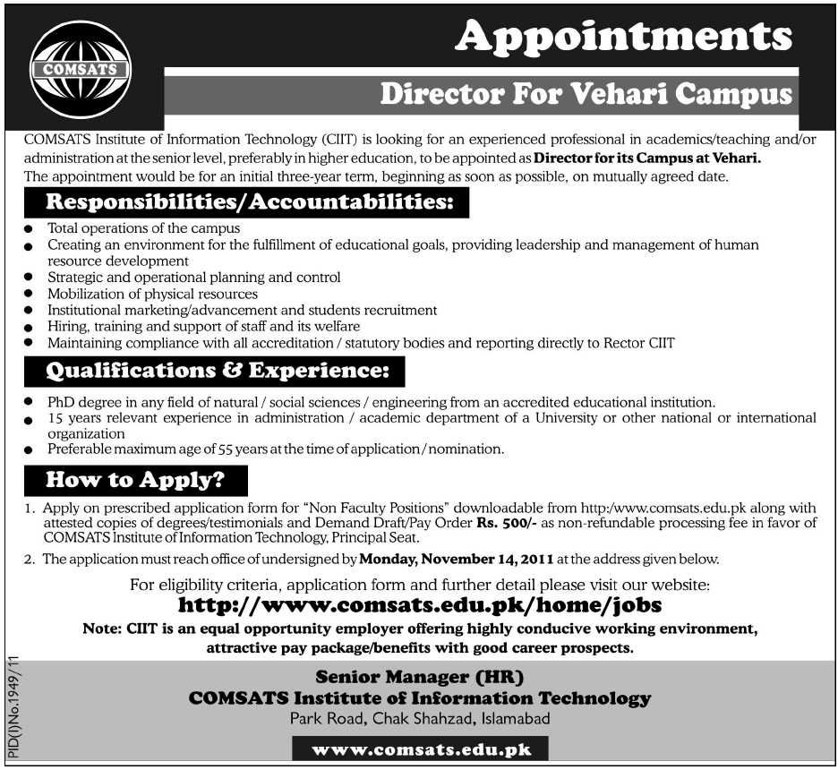 COMSAT Required the Services of Director for Vehari Campus