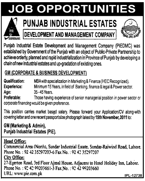 GM (Corporate & Business Development) Required by Punjab Industrial Estates, Development and Management Company