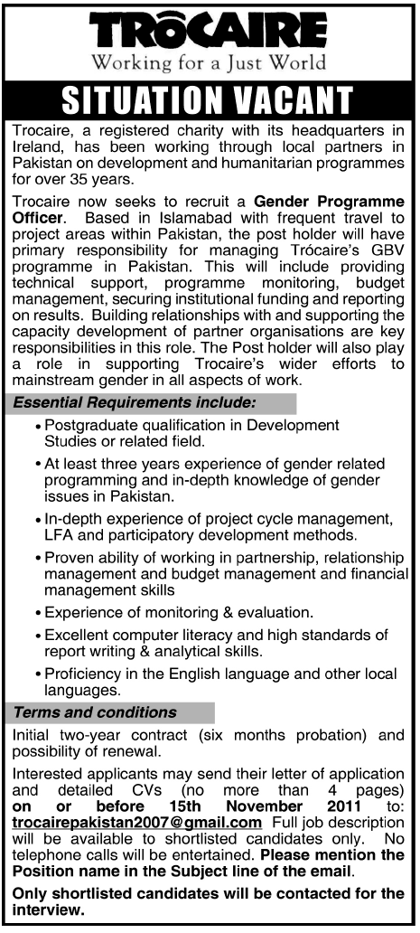 TROCAIRE Required the Services of Gender Programme Officer