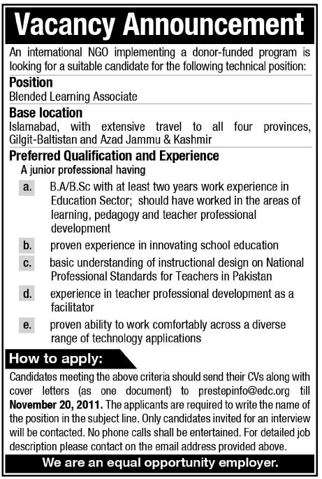 Blended Learning Associate Required by an International NGO