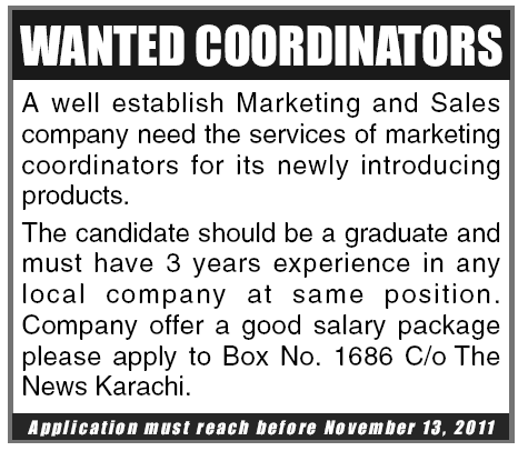 Coordinators Required by Marketing and Sales Company