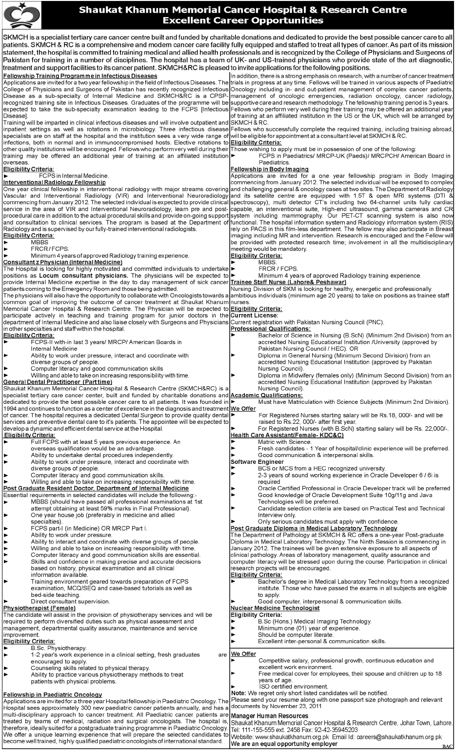 Shaukat Khanum Memorial Cancer Hospital & Research Centre Career Opportunities