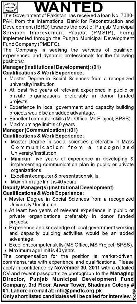 Managers Required by Punjab Municipal Development Fund Company