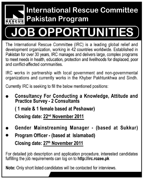 International Rescue Committee Pakistan Program Job Opportunities