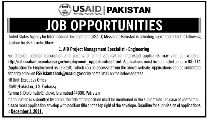 AID Project Management Specialist-Engineering Required by USAID Pakistan
