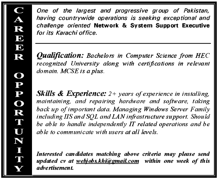 Network & System Support Executive Required in Karachi