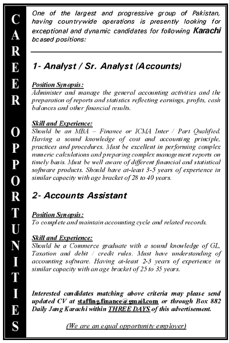Analyst/Sr. Analyst (Accounts) and Accounts Assistant Required by a Group of Companies in Karachi