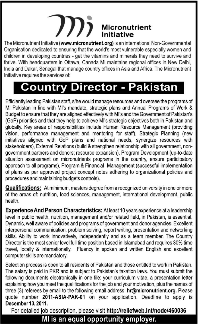 Micronutrient Initiative Required Country Director-Pakistan