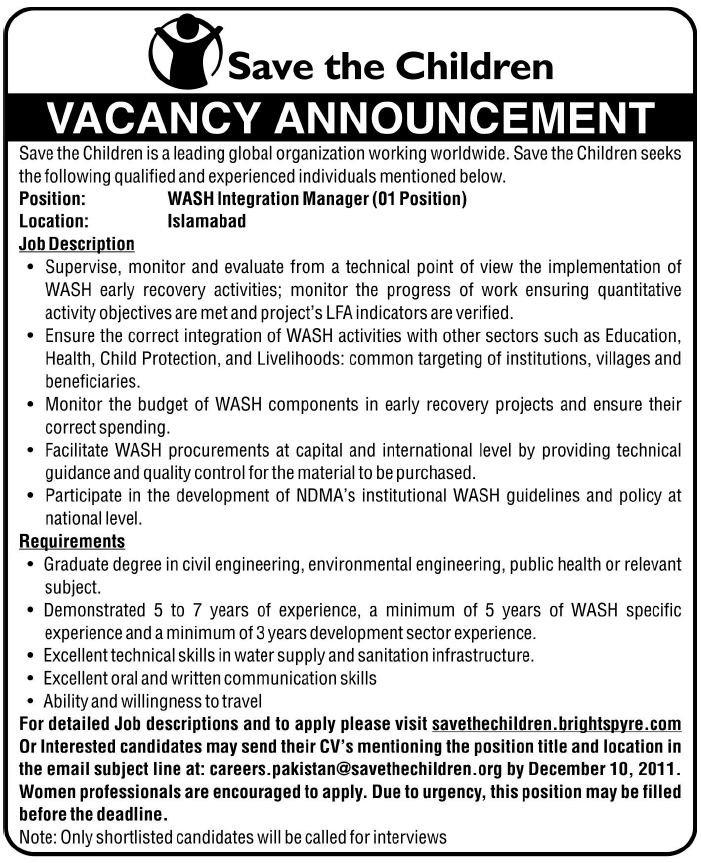 Save the Children Required Wash Integration Manager in Islamabad