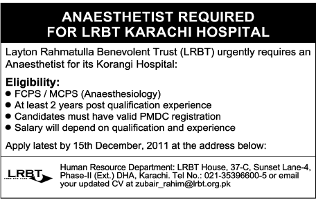 Anaesthetist Required for LRBT Karachi Hospital