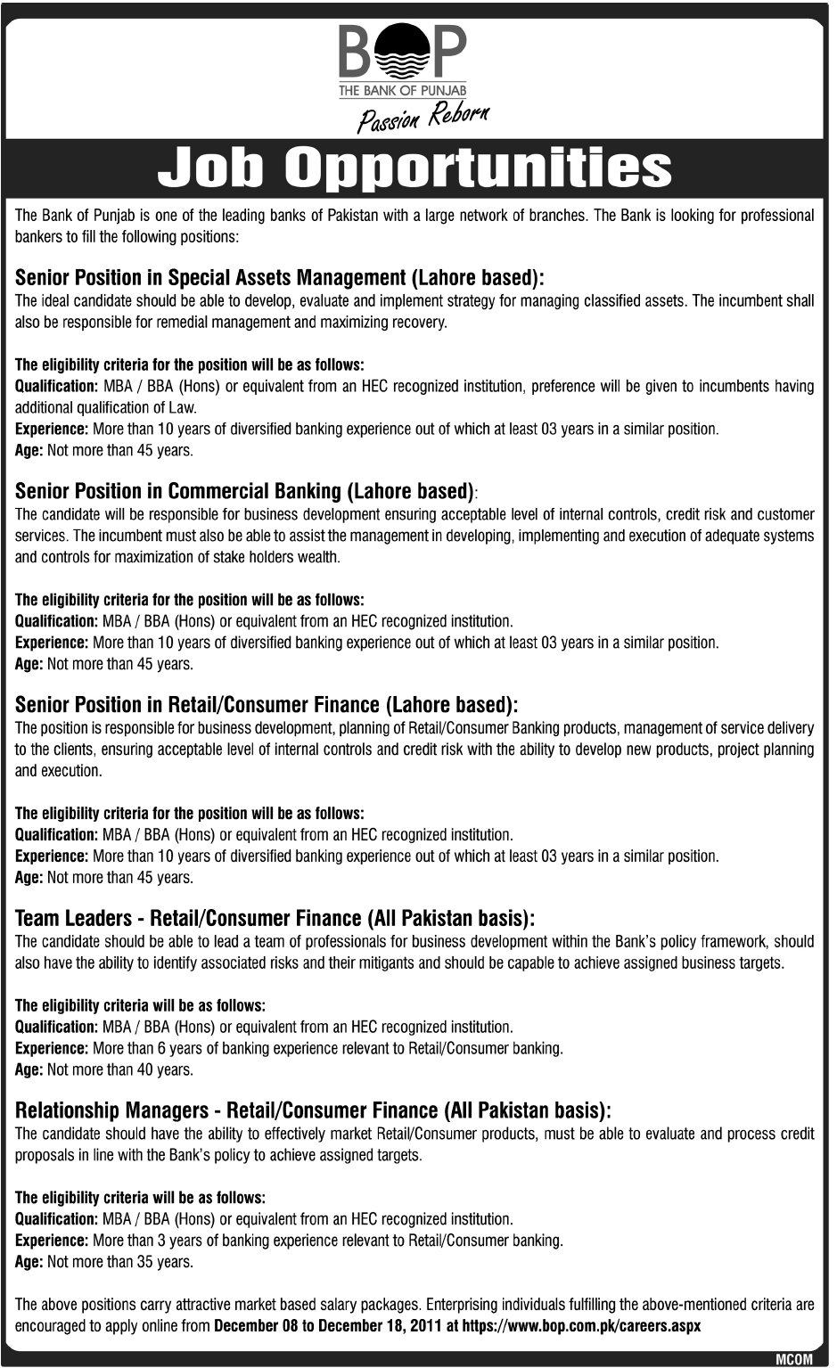 The Bank of Punjab Job Opportunities