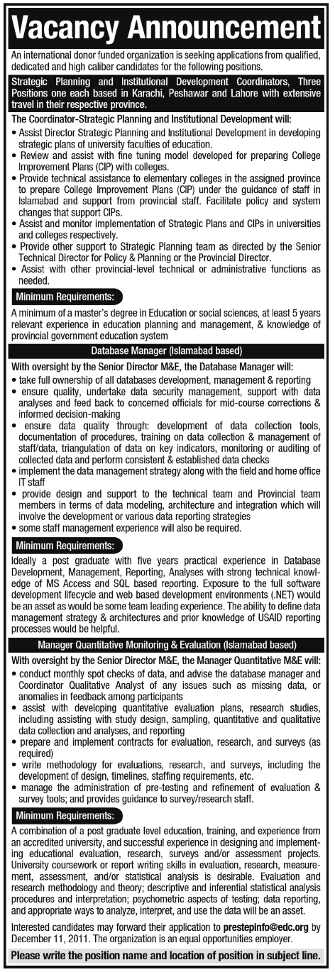 International Donor Funded Organization Required Managers and Coordinators